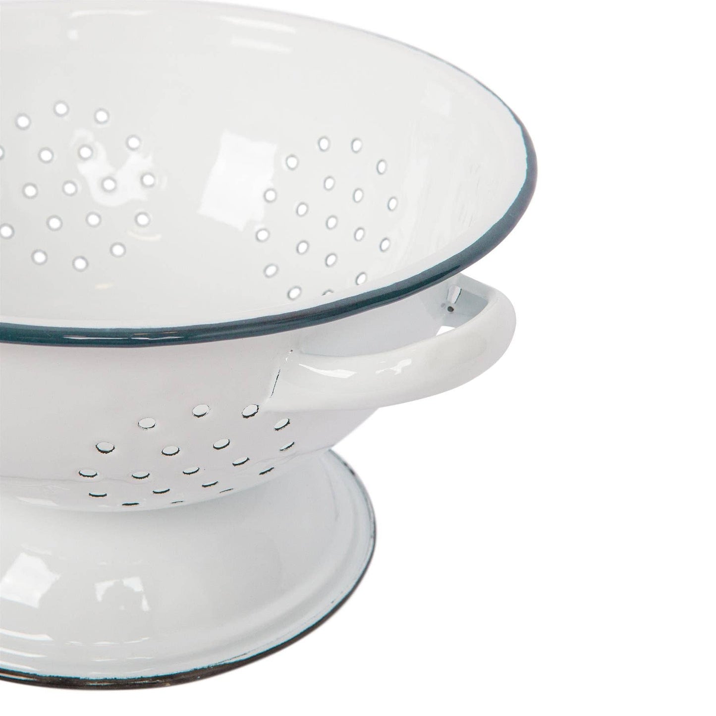 White enamel colander with blue rim