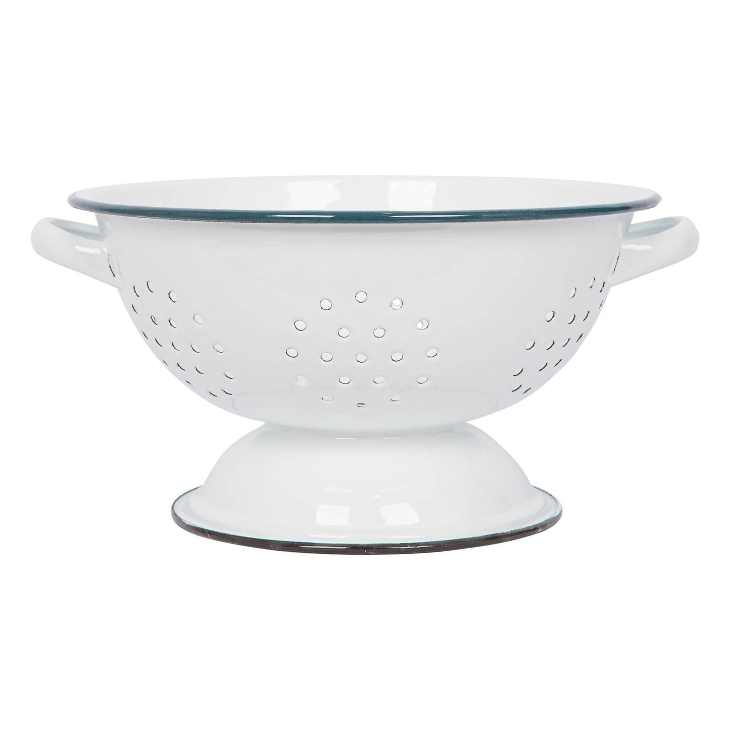 White  enamel colander with blue rim