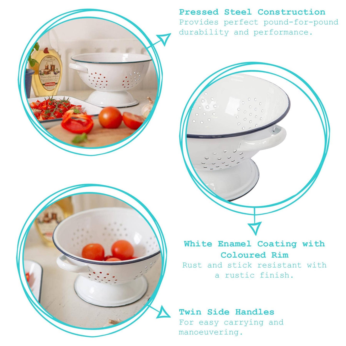 White  enamel colander with blue rim