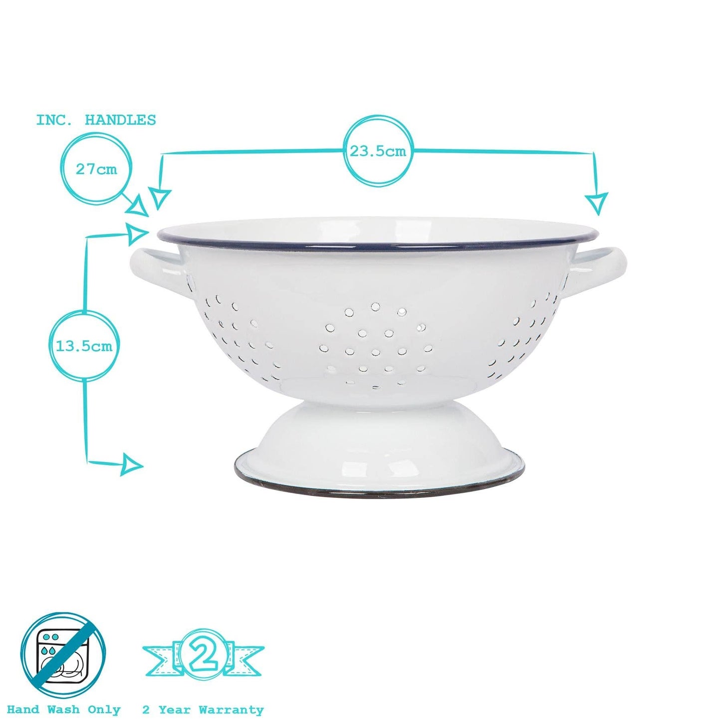 White  enamel colander with blue rim
