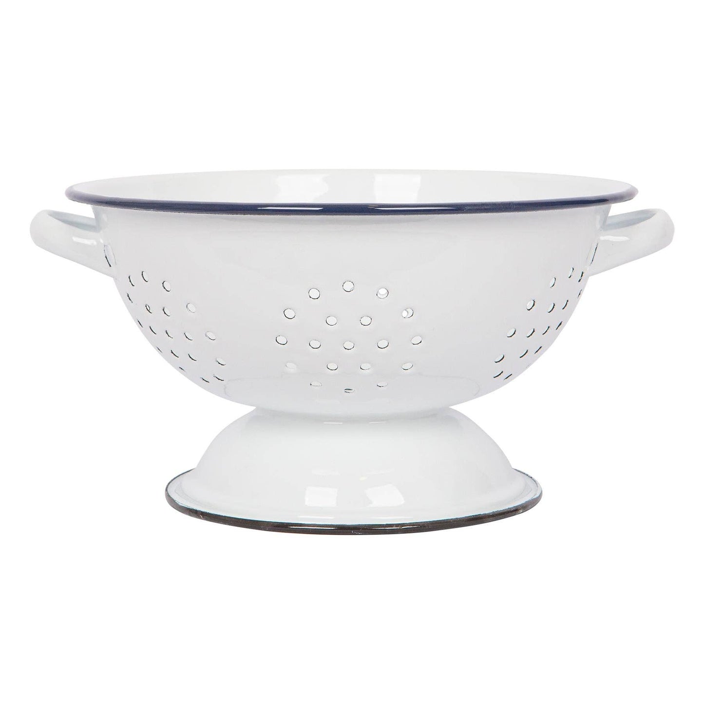 White  enamel colander with blue rim
