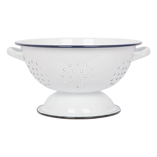 White  enamel colander with blue rim