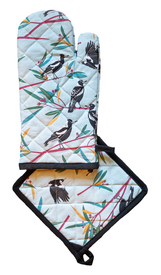 Oven Glove & Pot Holder Set - Magpies