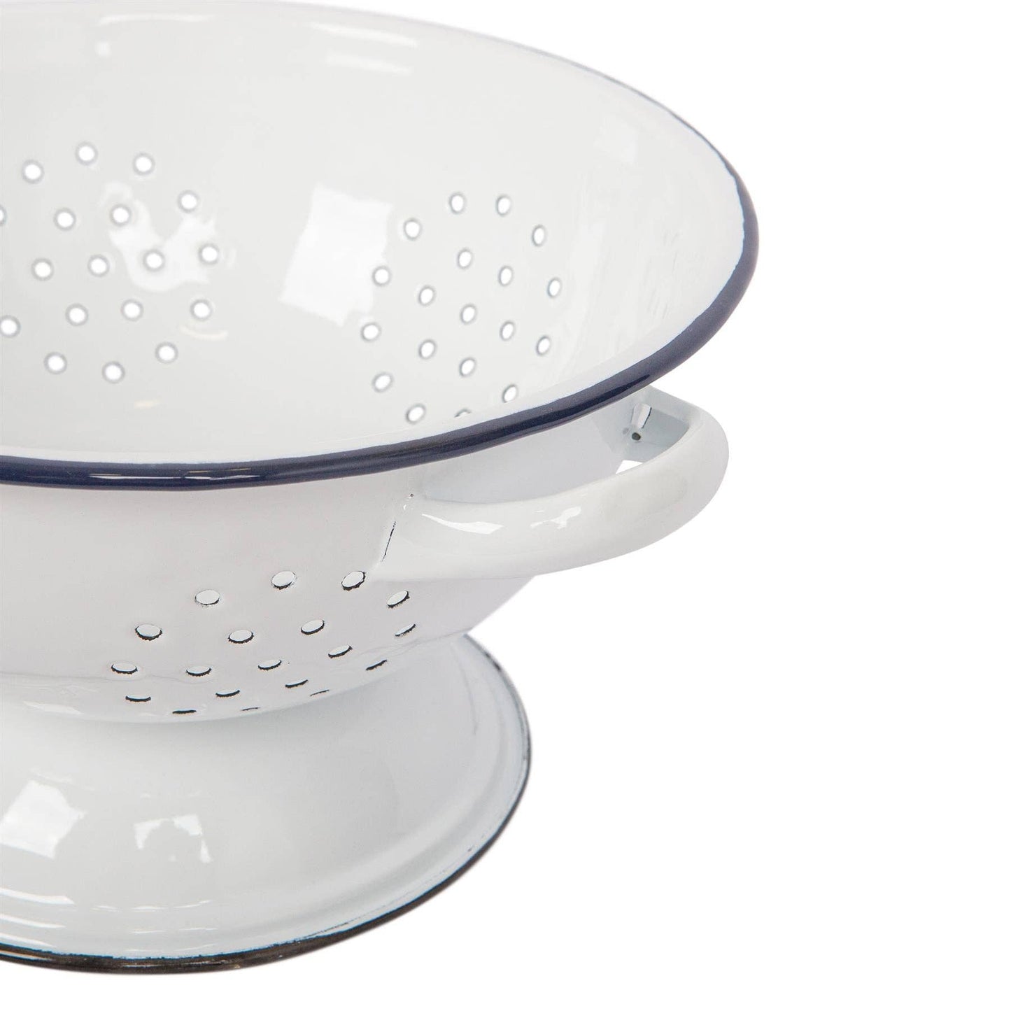 White  enamel colander with blue rim